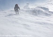 A winter hiker makes his way up the Air Line Trail in extreme weather conditions during the winter months in the White Mountains, New Hampshire USA