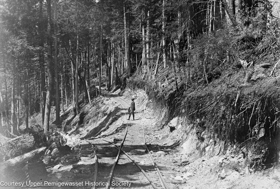 The EB&L Railroad was a standard gauge railroad, but in 1901 J.E. Henry and Sons attempted to use a narrow gauge line at Camp 8 to harvest timber from the slopes of Whaleback Mountain. This roughly 1.25 mile +/- long line, consisting of a series of switchbacks, traveled into the Osseo Brook drainage. It lasted only for a few years and was discontinued after a brakeman was killed when a loaded log car ran out control down the track.