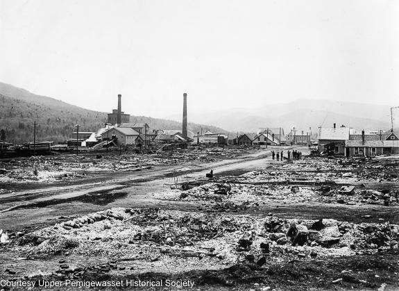 Aftermath of the May 13, 1907 fire in Lincoln, New Hampshire. The fire destroyed a number of buildings on both sides of Main Street in Lincoln village.